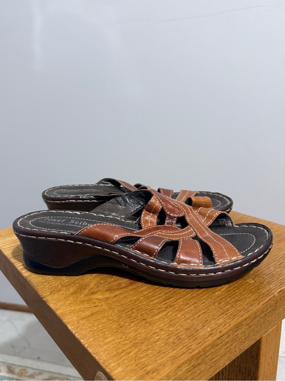 Josef Seibel Womens 42 US 11 Brown Leather Slide Sandals Comfort Wedge Shoes